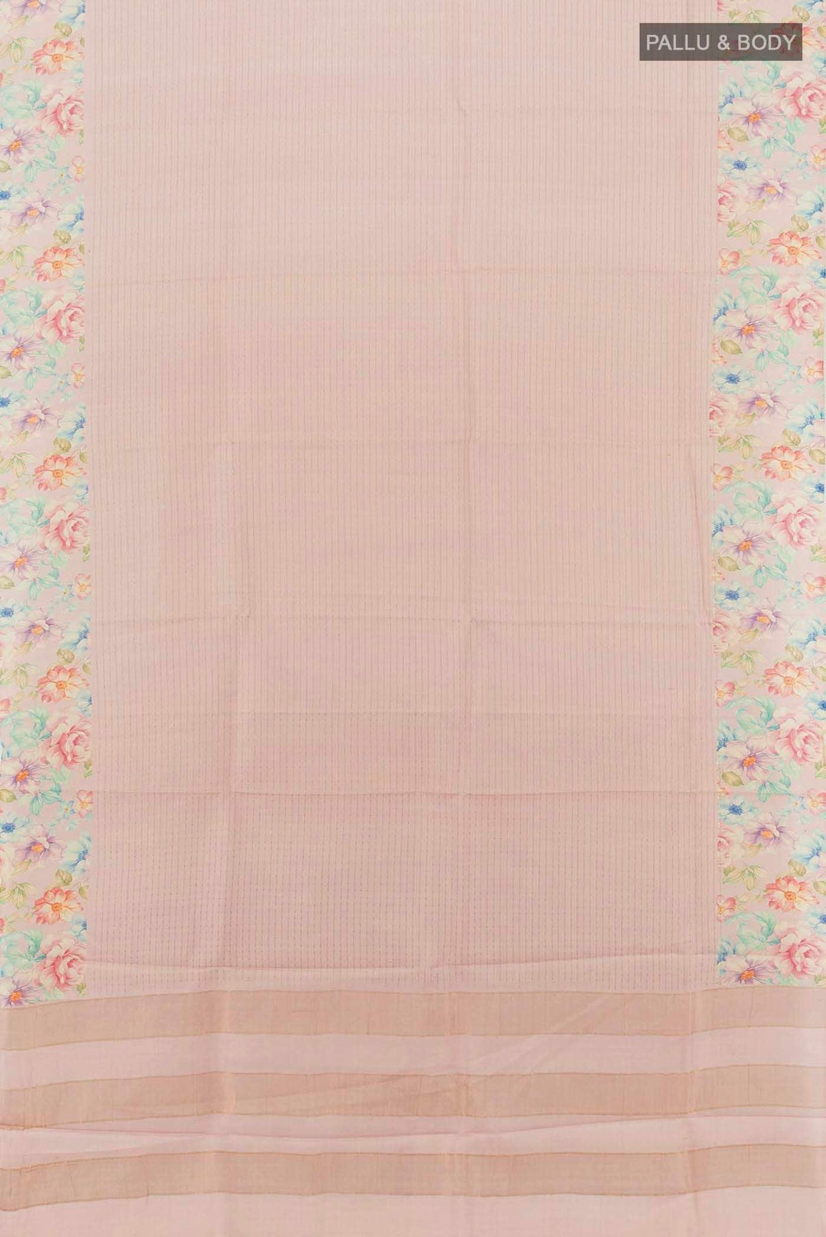 Flat view of Rose pink Tussar Silk Saree with Floral Print on the body and Fancy Border