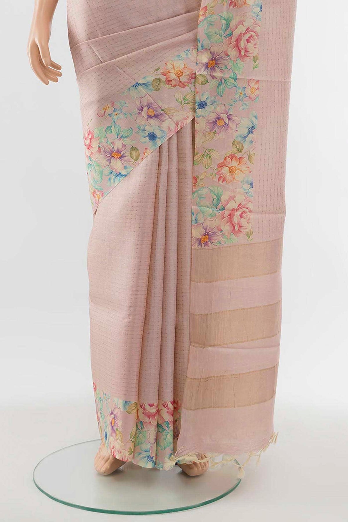 Pleats and pallu of Rose pink Tussar Silk Saree with Floral Print on the body and Fancy Border