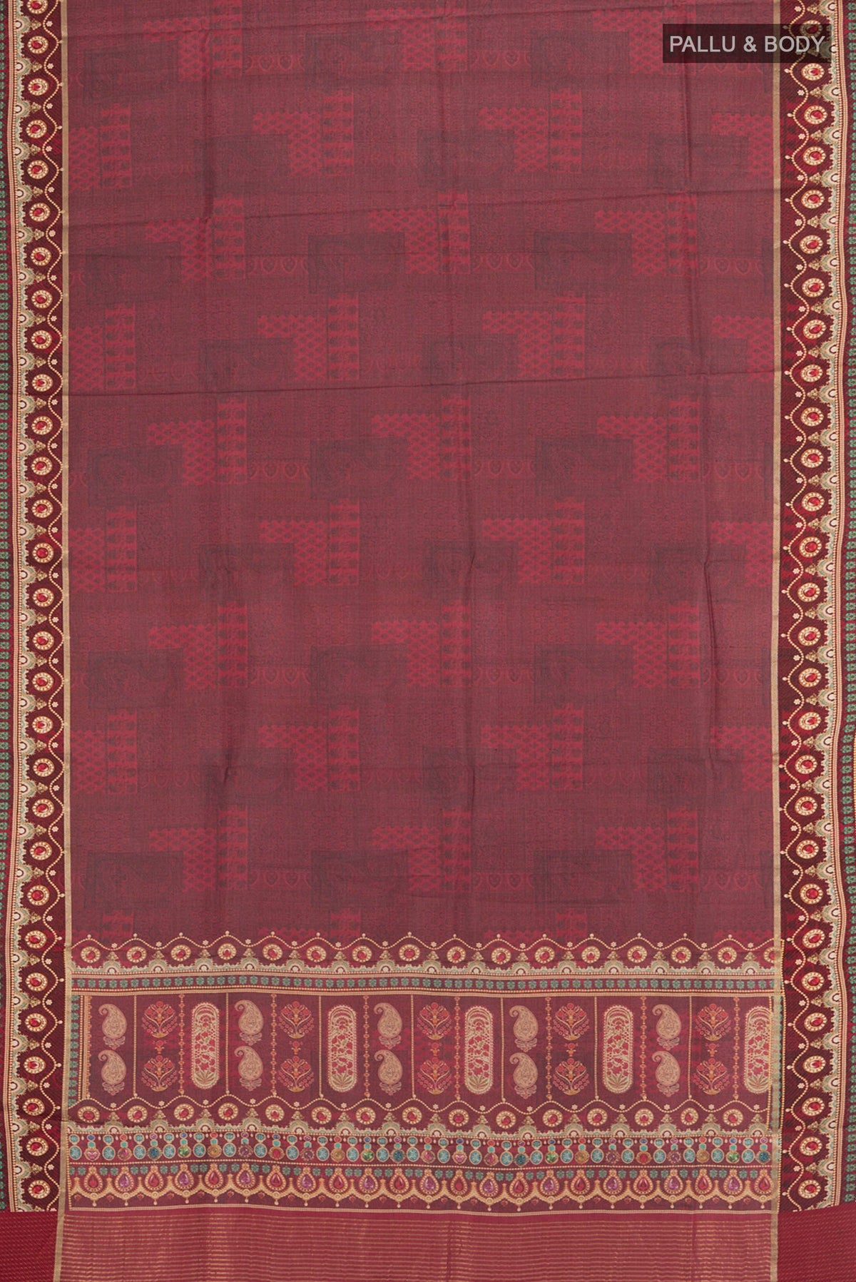 Flat view of Brown Tussar Silk Saree with Printed design on the body and Printed Border. 