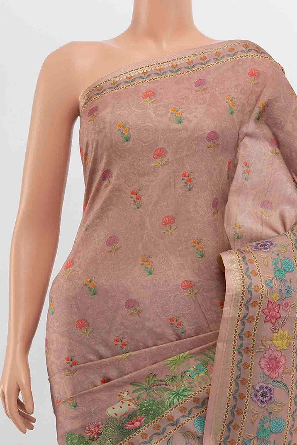 Border image of Dark Beige Tussar Silk Saree with Floral Print on the body and Silk Border