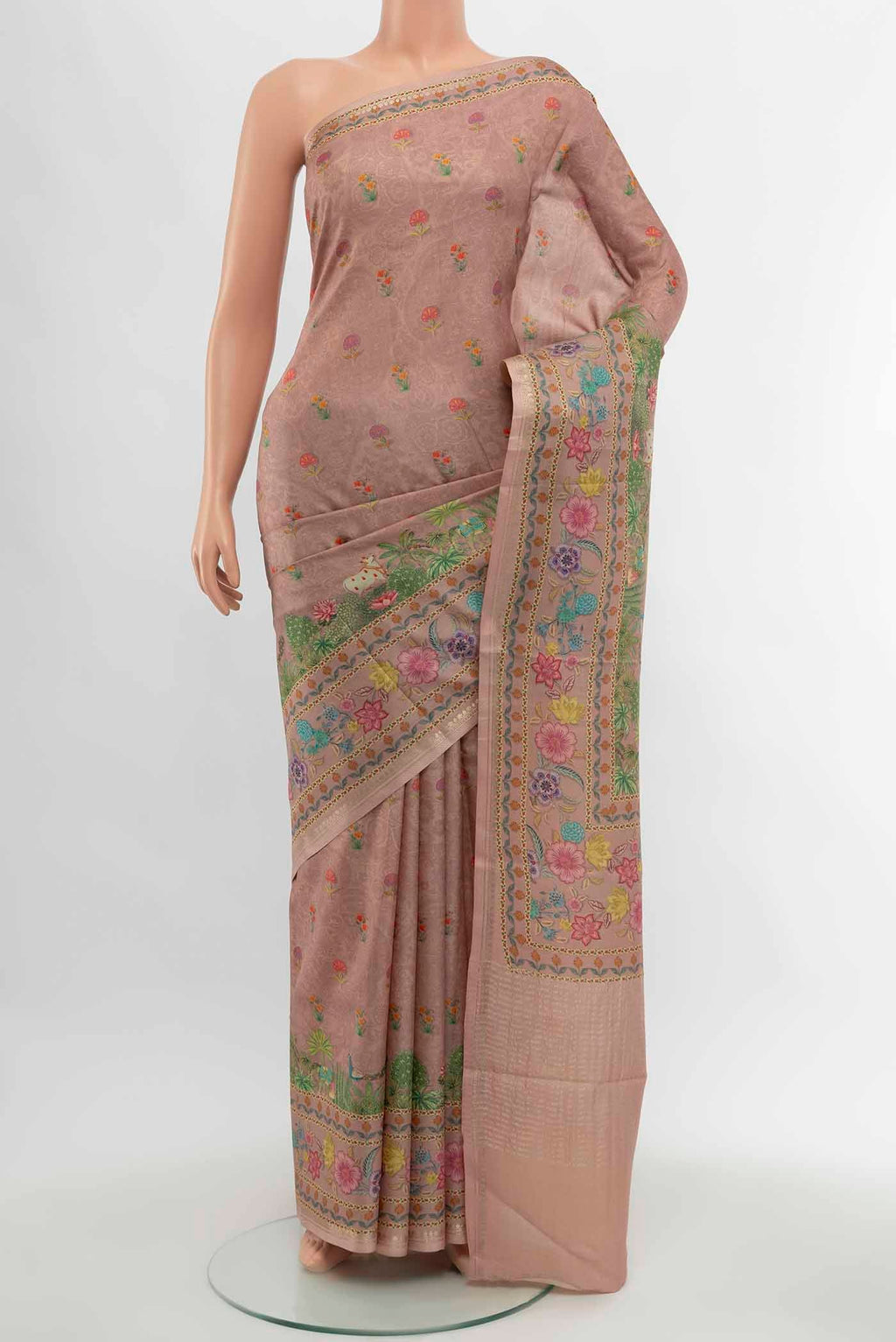 Dark Beige Tussar Silk Saree with Floral Print on the body and Silk Border displayed on a mannequin