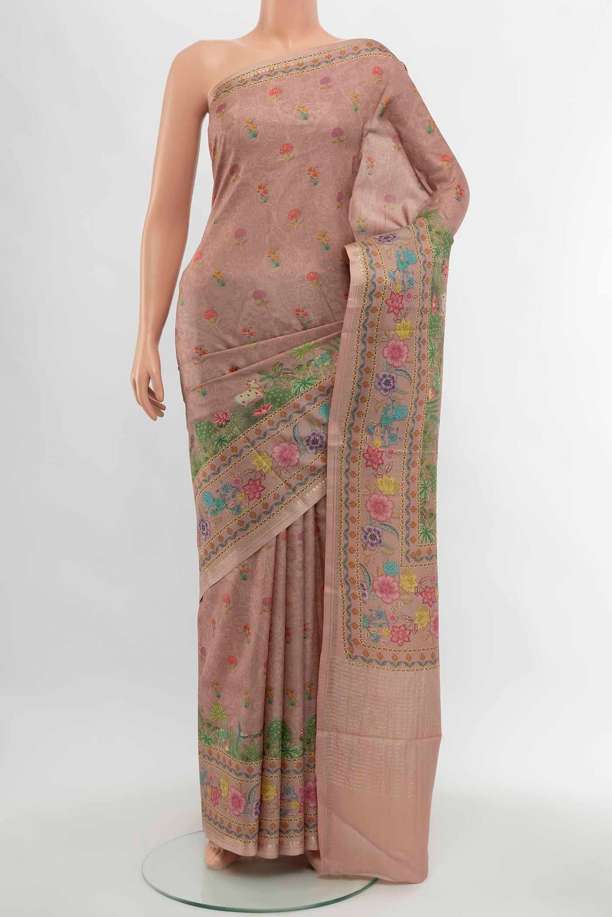Dark Beige Tussar Silk Saree with Floral Print on the body and Silk Border displayed on a mannequin