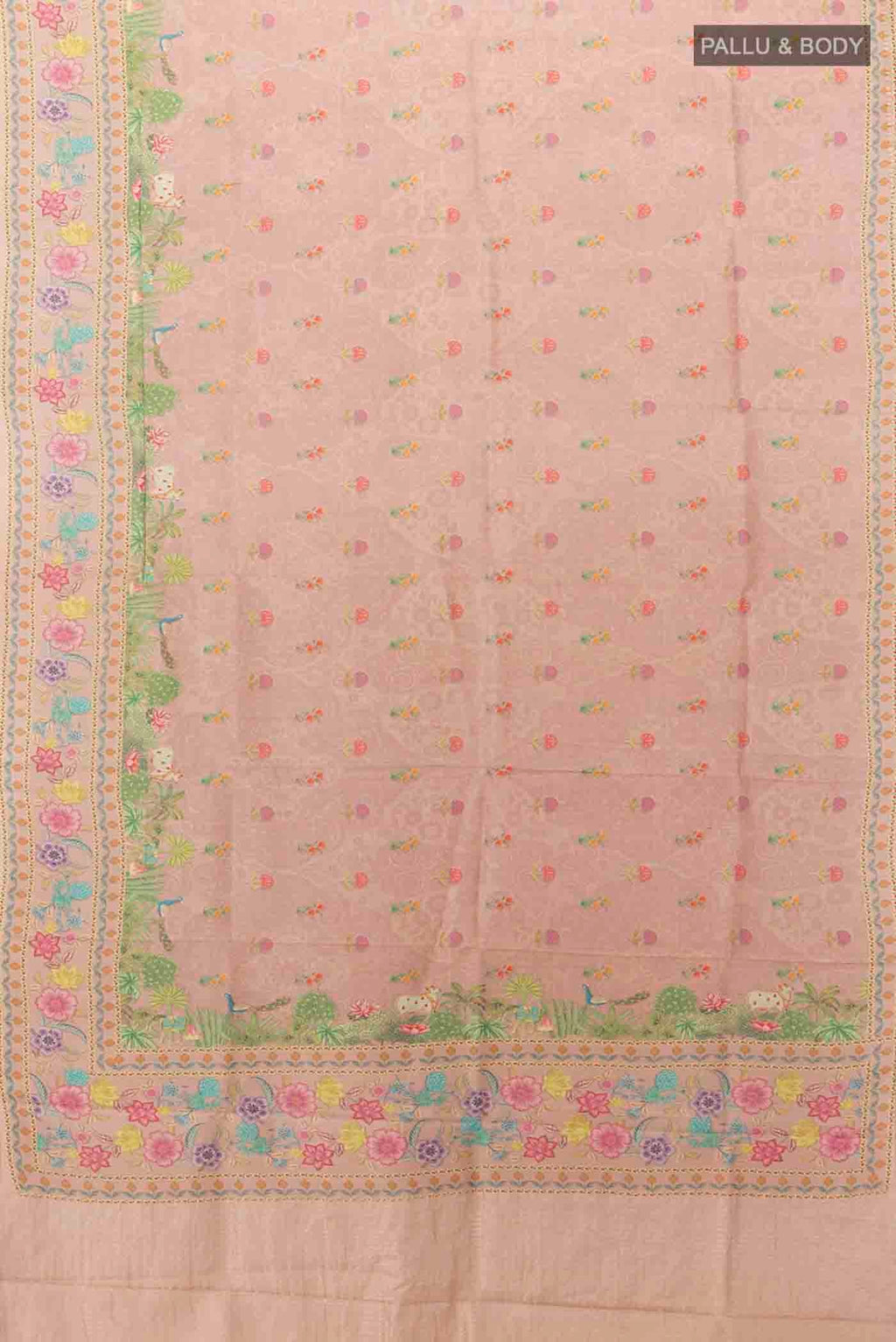 Flat view of Dark Beige Tussar Silk Saree with Floral Print on the body and Silk Border