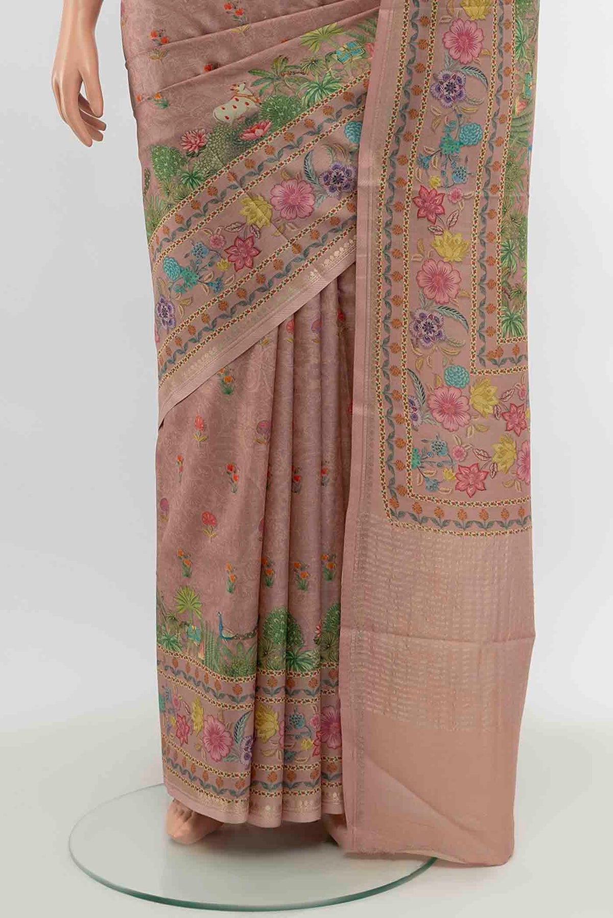Pleats and pallu of Dark Beige Tussar Silk Saree with Floral Print on the body and Silk Border