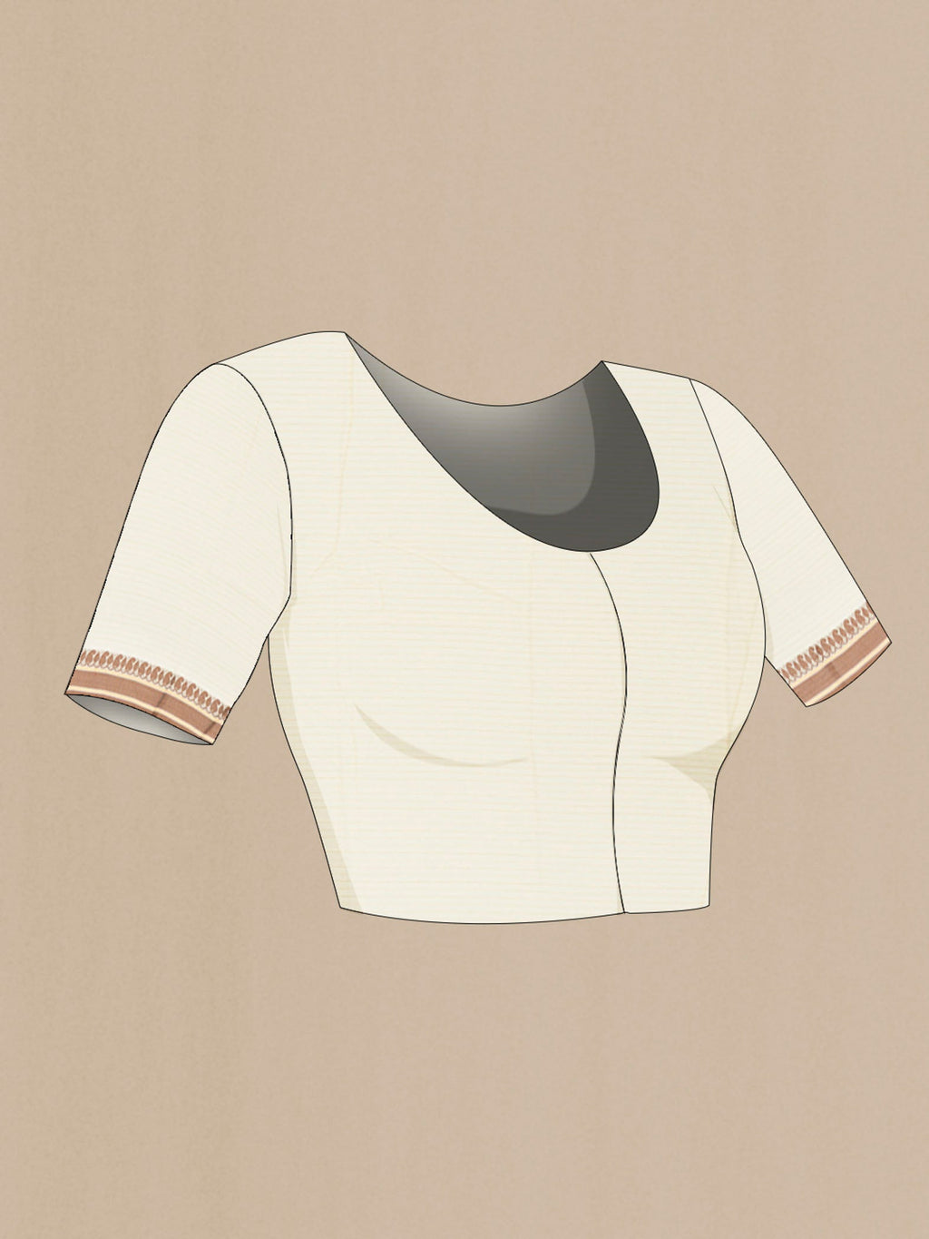 Close up image of the blouse of Cream Maheshwari Silk Saree with Thread Butta on the body and Thread Border