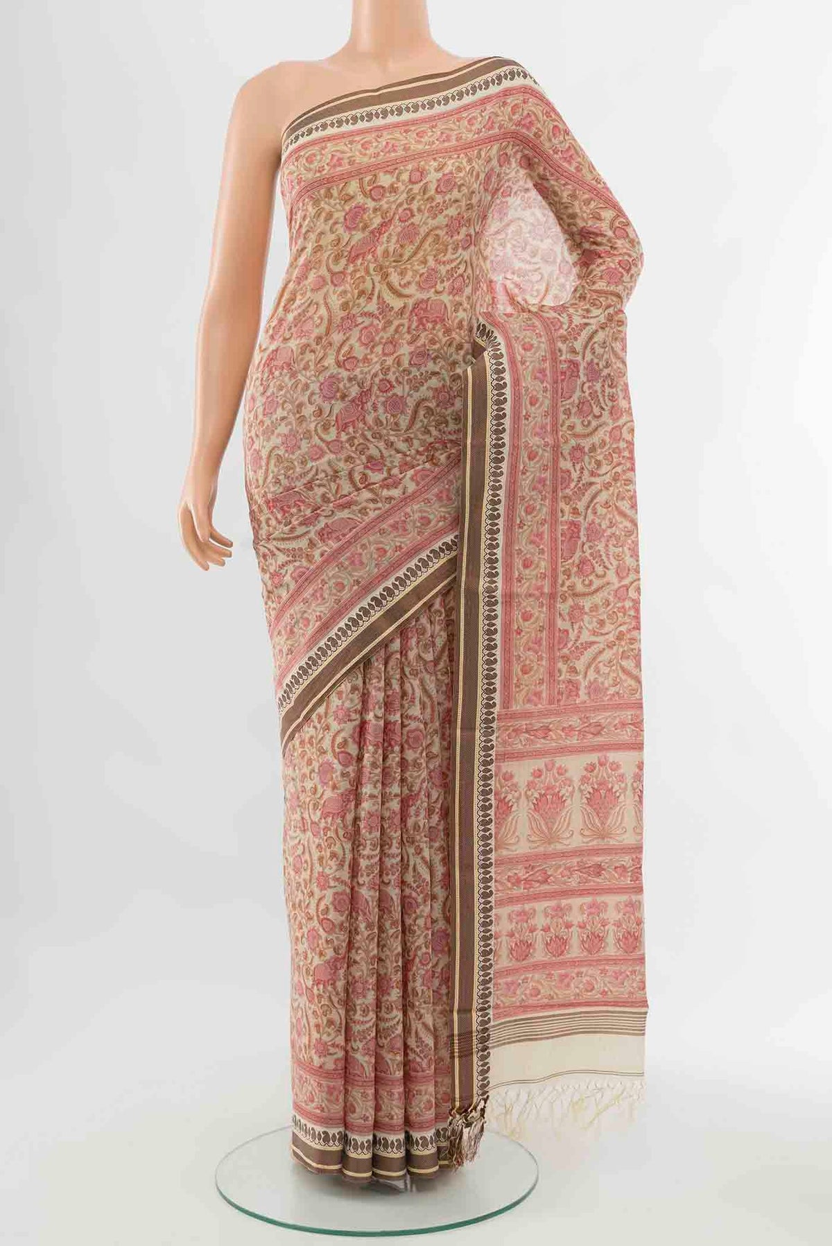 Cream Maheshwari Silk Saree with Thread Butta on the body and Thread Border displayed on a mannequin
