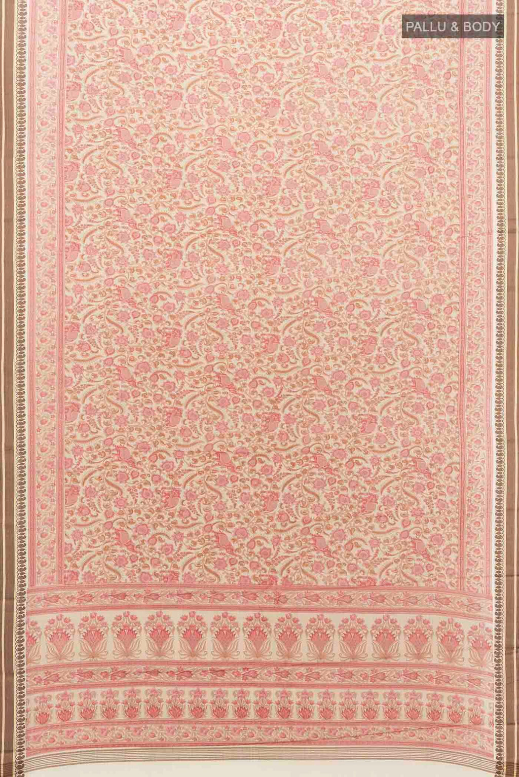 Flat view of Cream Maheshwari Silk Saree with Thread Butta on the body and Thread Border