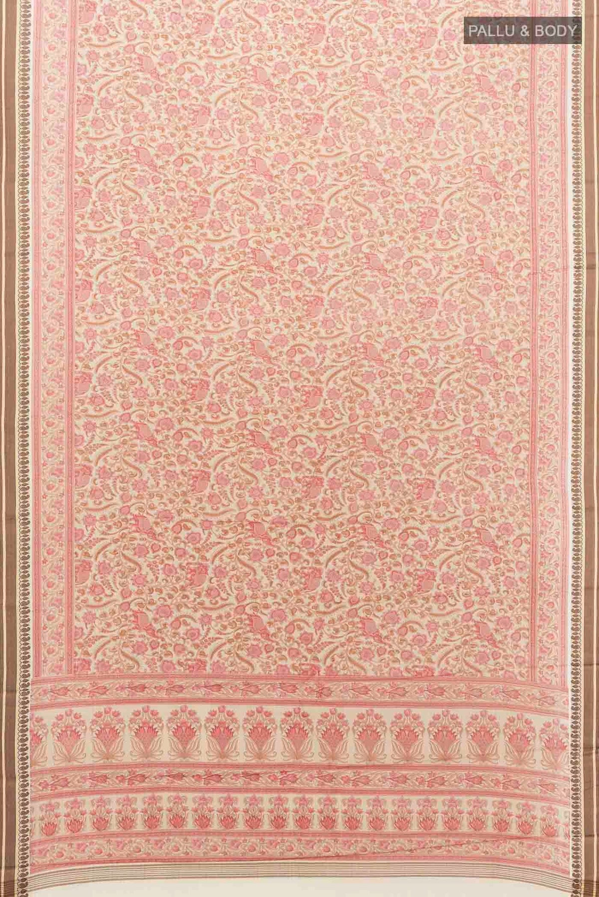 Flat view of Cream Maheshwari Silk Saree with Thread Butta on the body and Thread Border