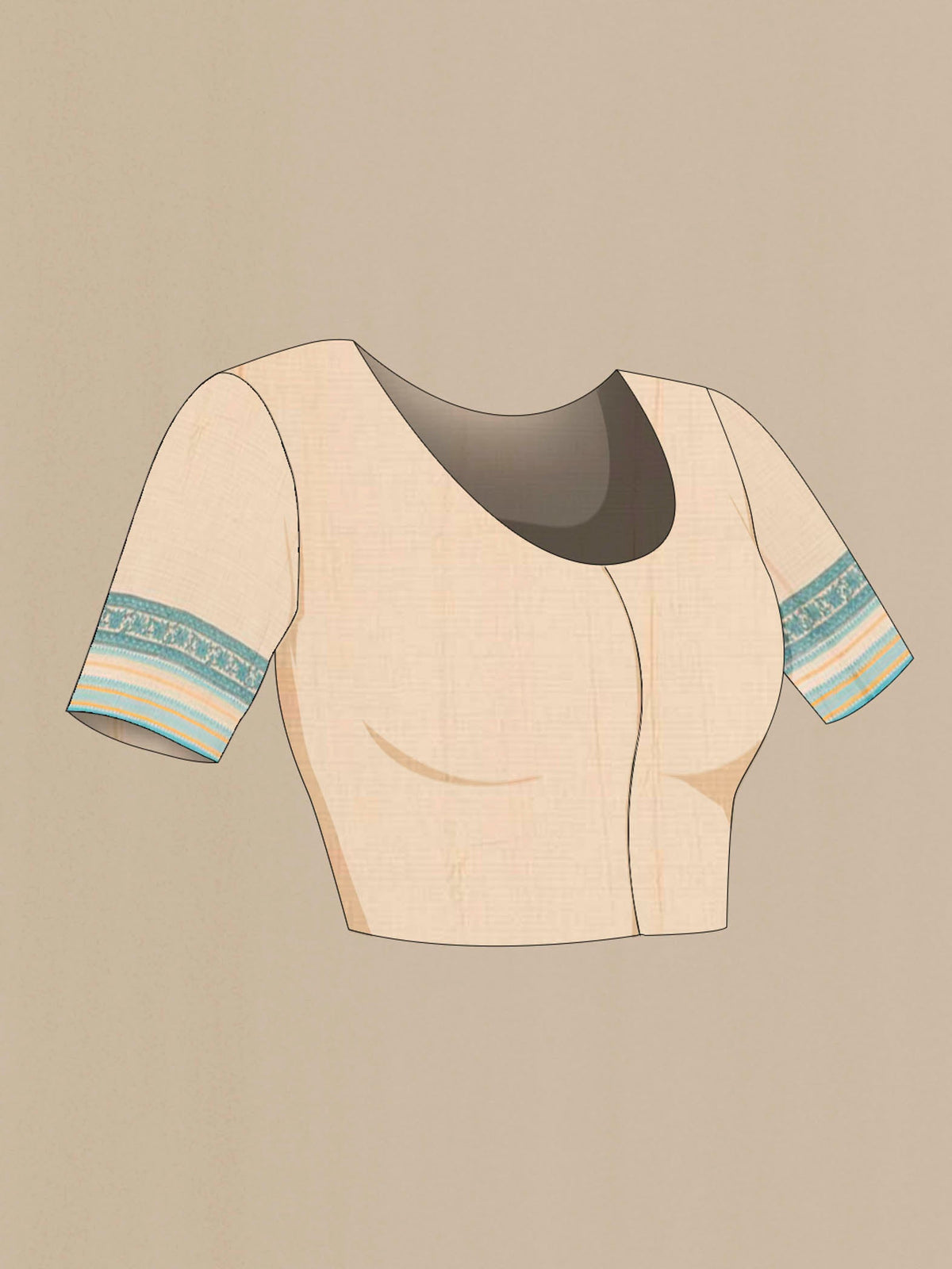Close up image of the blouse of Beige Maheshwari Silk Cotton Saree with Zari Butta on the body and Fancy Border