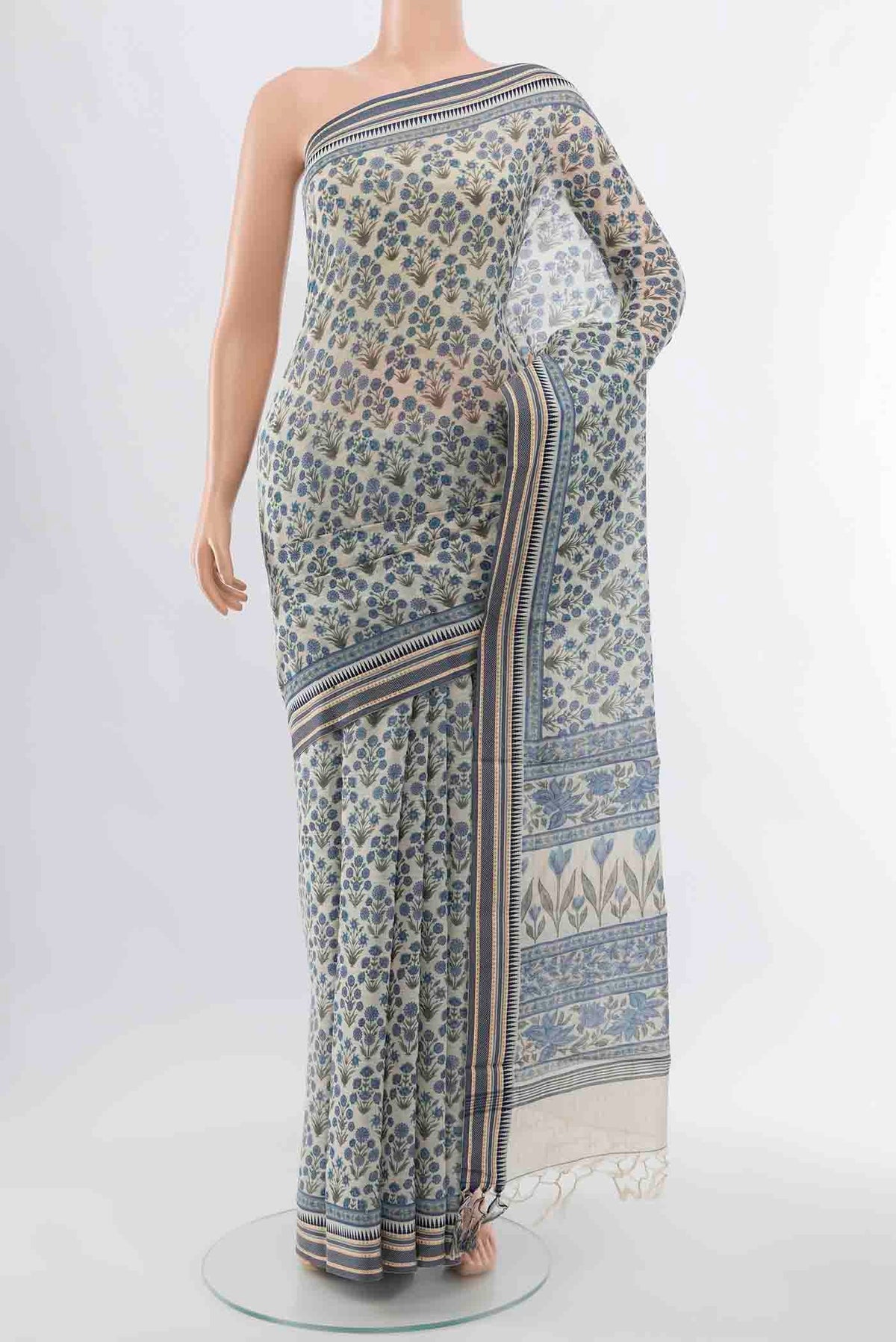 Cream Maheshwari Silk Cotton Saree with Floral Print on the body and Thread Border displayed on a mannequin