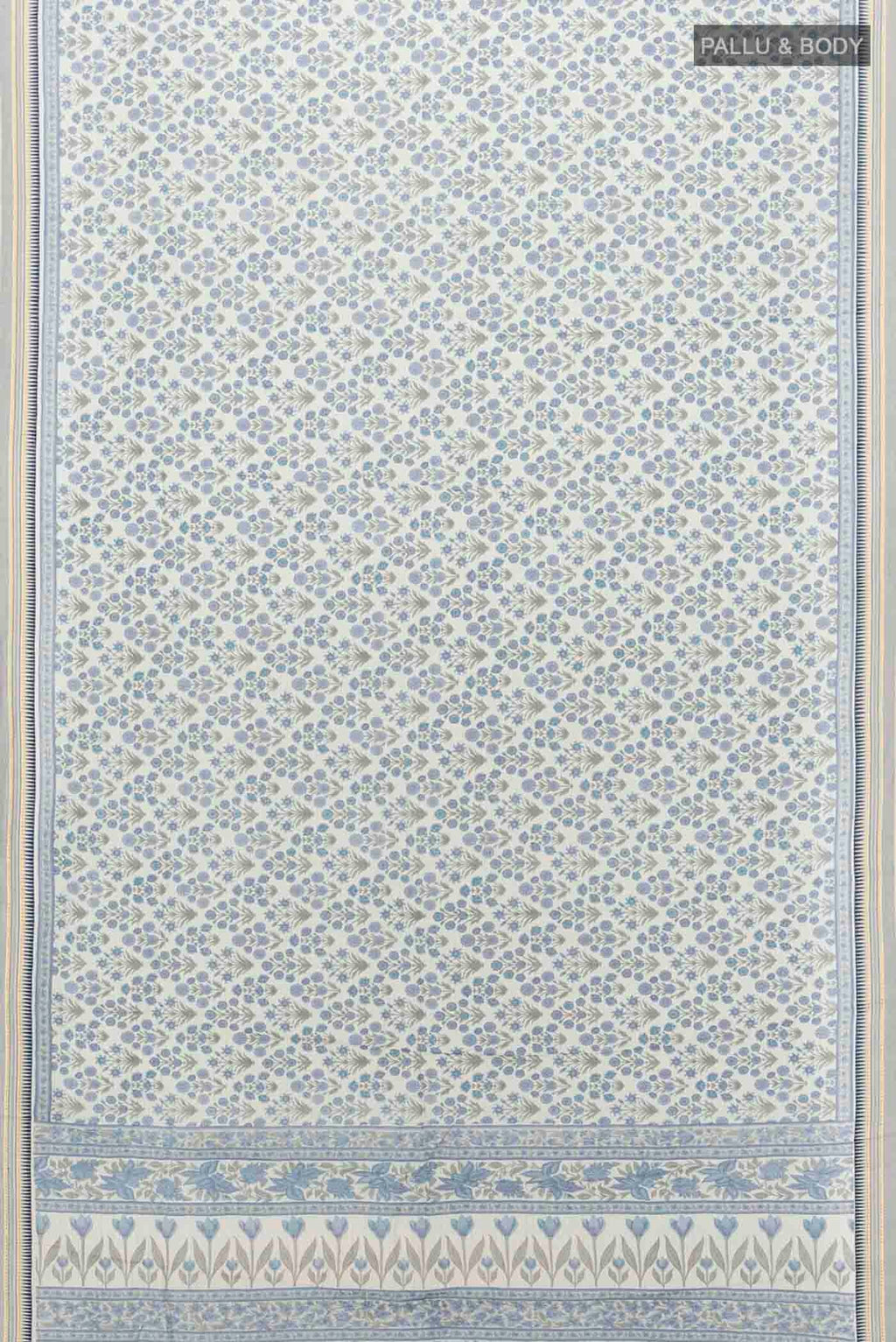 Flat view of Cream Maheshwari Silk Cotton Saree with Floral Print on the body and Thread Border