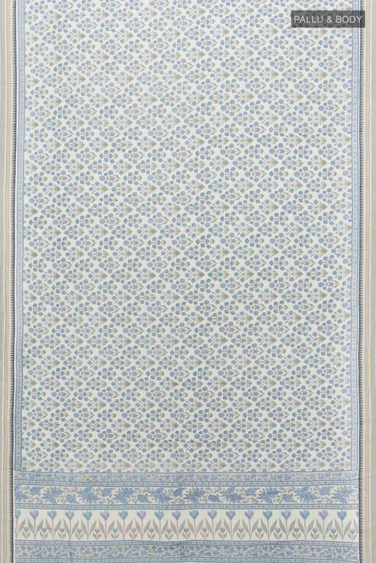 Flat view of Cream Maheshwari Silk Cotton Saree with Floral Print on the body and Thread Border