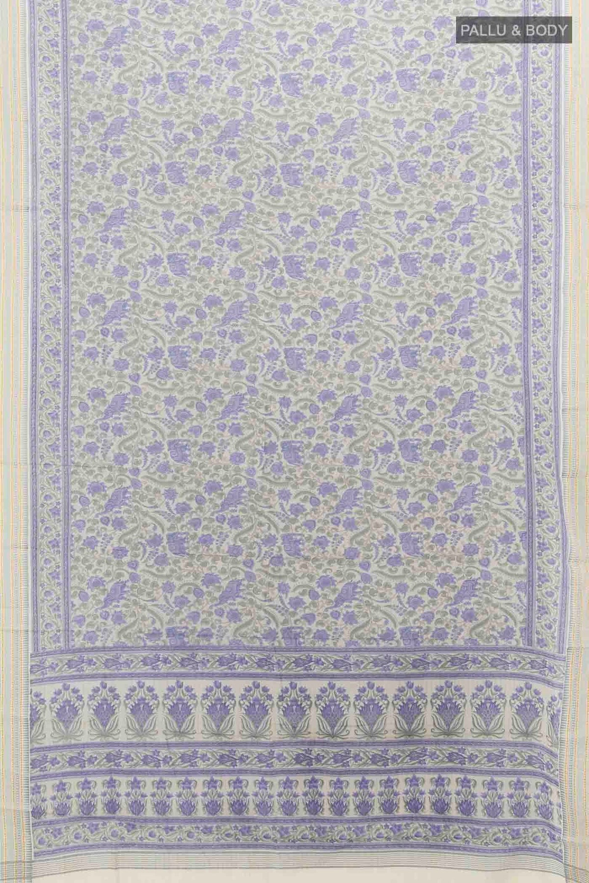 Flat view of Grey Maheshwari Silk Cotton Saree with Floral Print on the body and Fancy Border