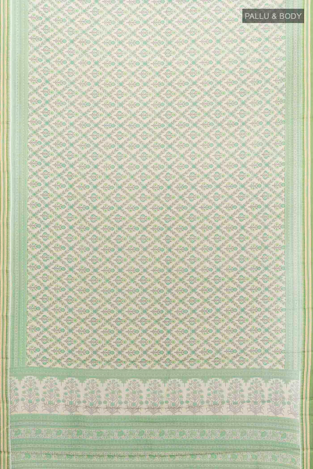 Flat view of Light Green Maheshwari Silk Cotton Saree with Zari Butta on the body and Fancy Border