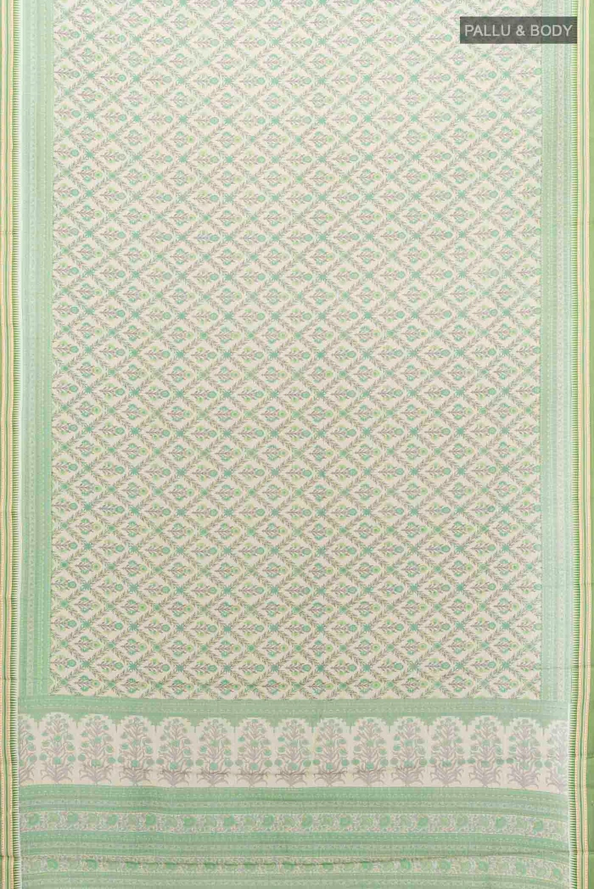 Flat view of Light Green Maheshwari Silk Cotton Saree with Zari Butta on the body and Fancy Border