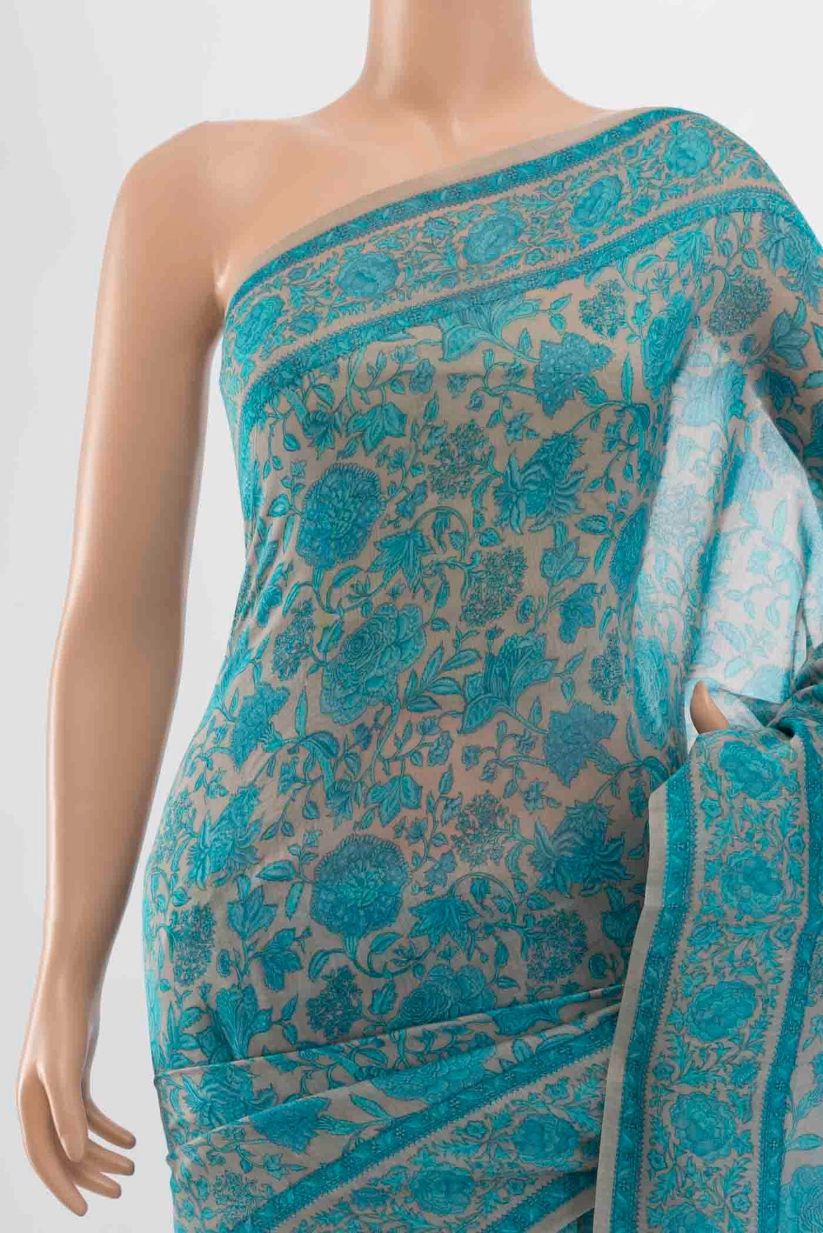 Border image of Light Blue Maheshwari Silk Cotton Saree with Floral Print on the body and Silk Border