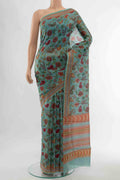 Blue Chanderi Silk Cotton Saree with Floral Print on the body and Thread Border displayed on a mannequin