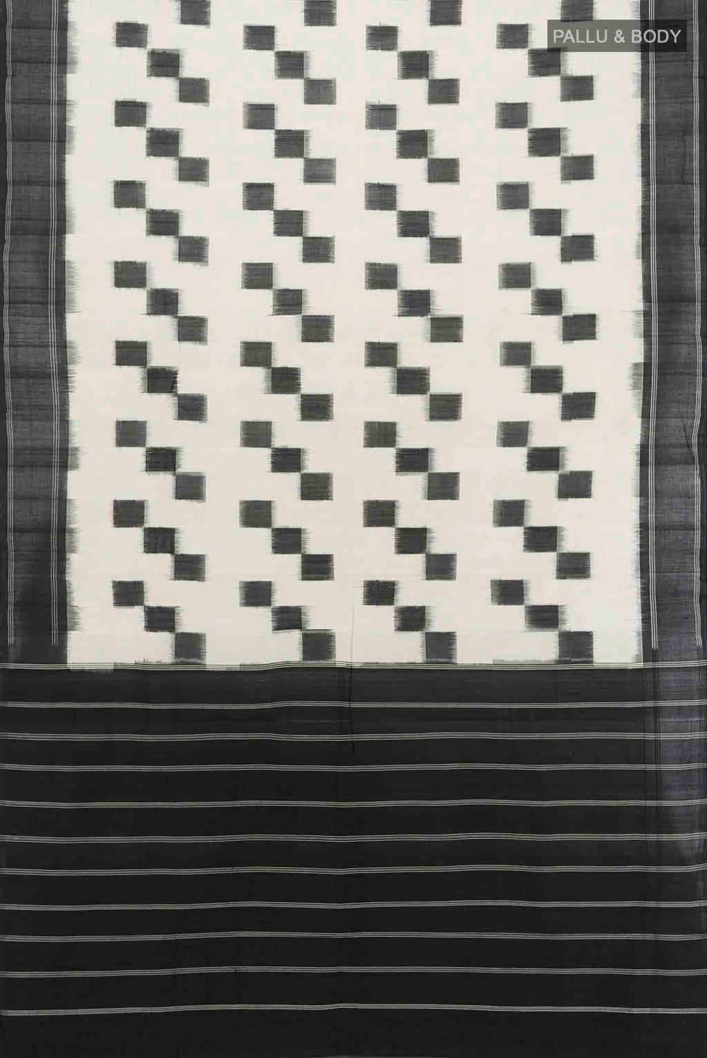 Flat view of Cream Pochampally Cotton Saree with Ikat Print on the body and Fancy Border
