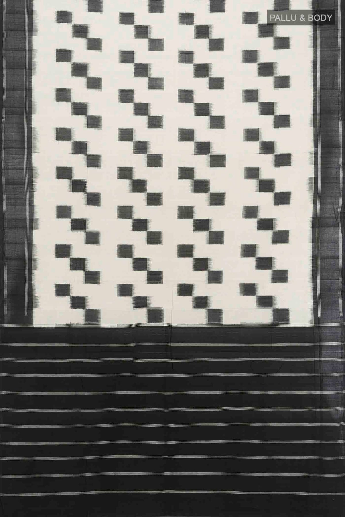 Flat view of Cream Pochampally Cotton Saree with Ikat Print on the body and Fancy Border