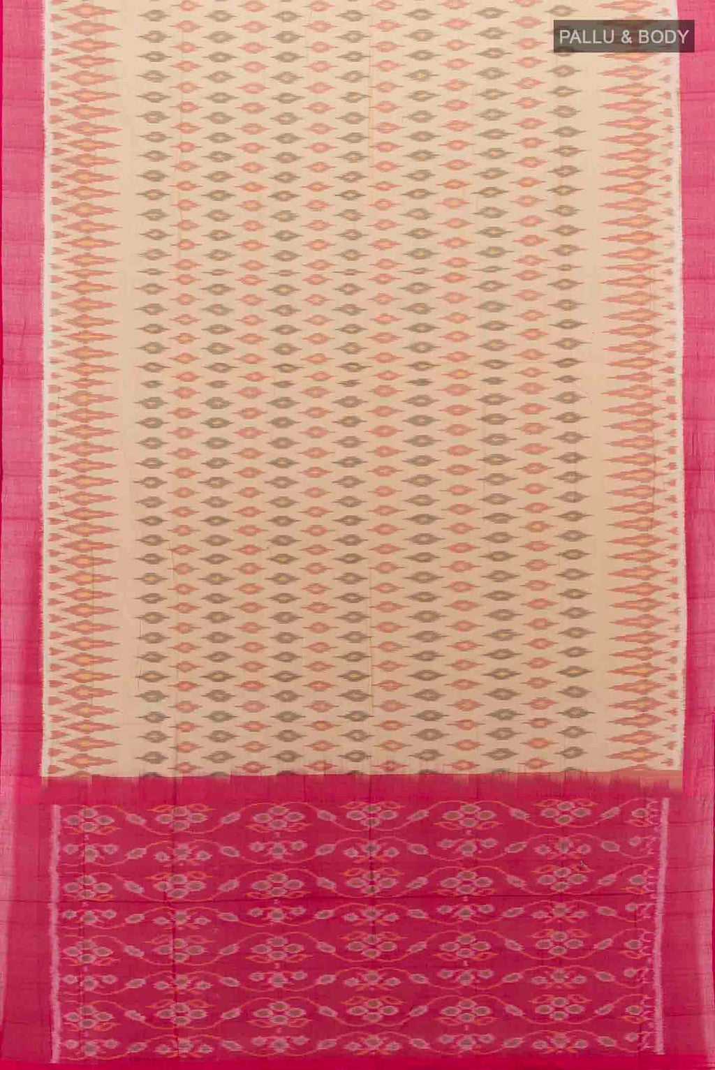 Flat view of Beige Pochampally Cotton Saree with Ikat Print on the body and Plain Border