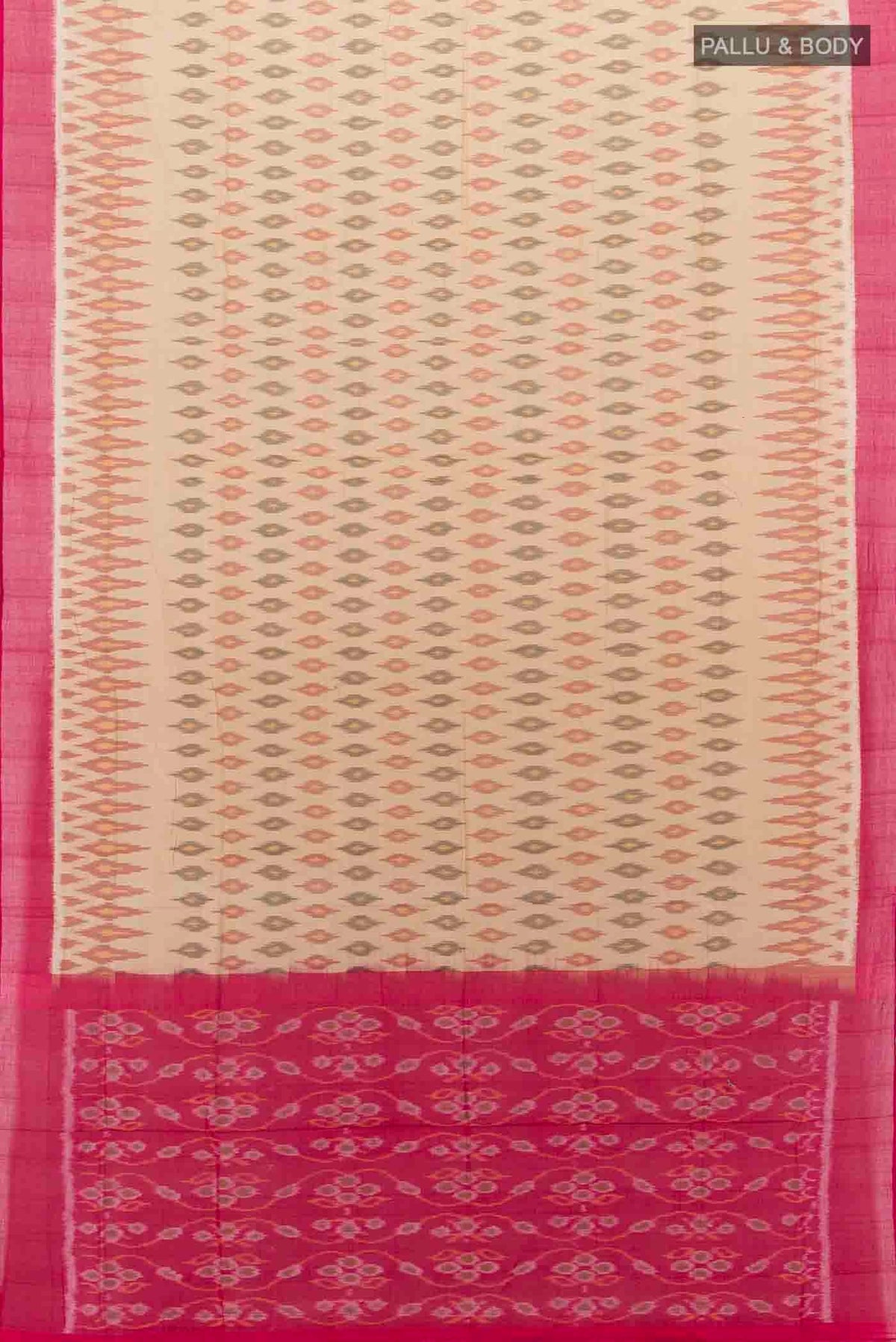 Flat view of Beige Pochampally Cotton Saree with Ikat Print on the body and Plain Border