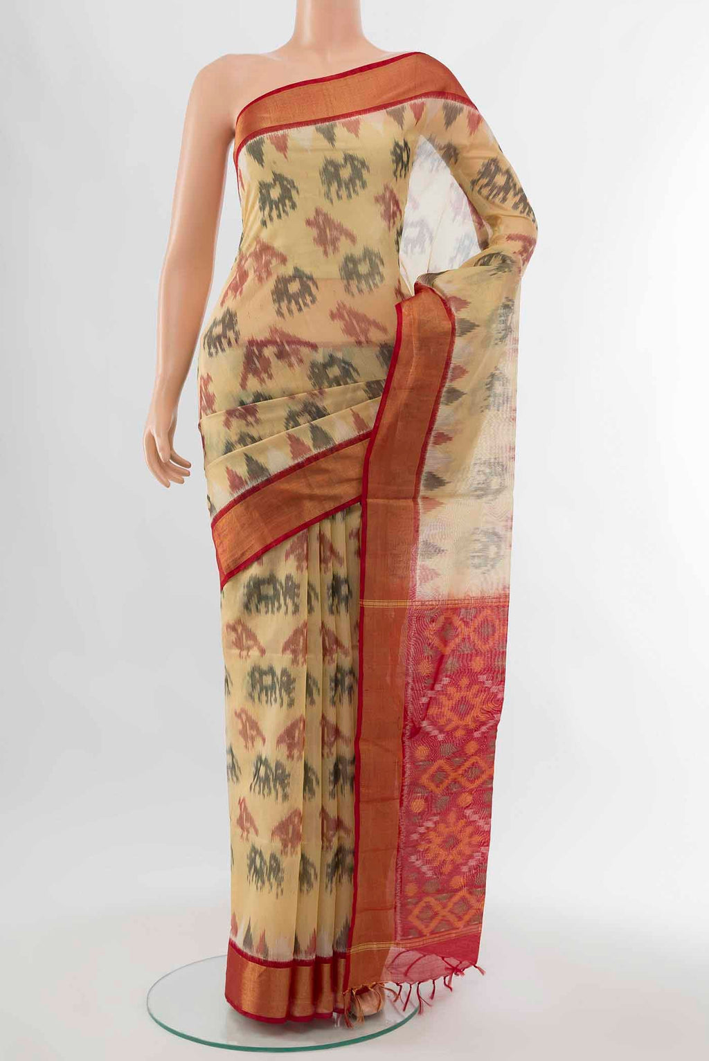 Beige Kora Cotton Saree with Batik Print on the body and Silk Border displayed on a mannequin