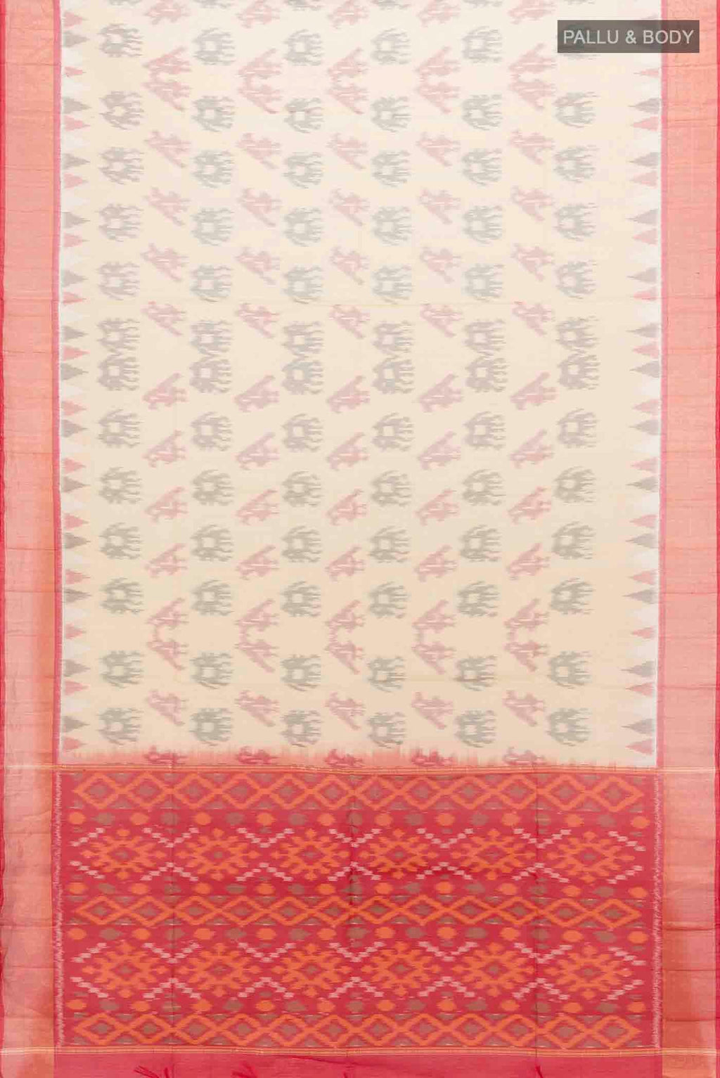 Flat view of Beige Kora Cotton Saree with Batik Print on the body and Silk Border