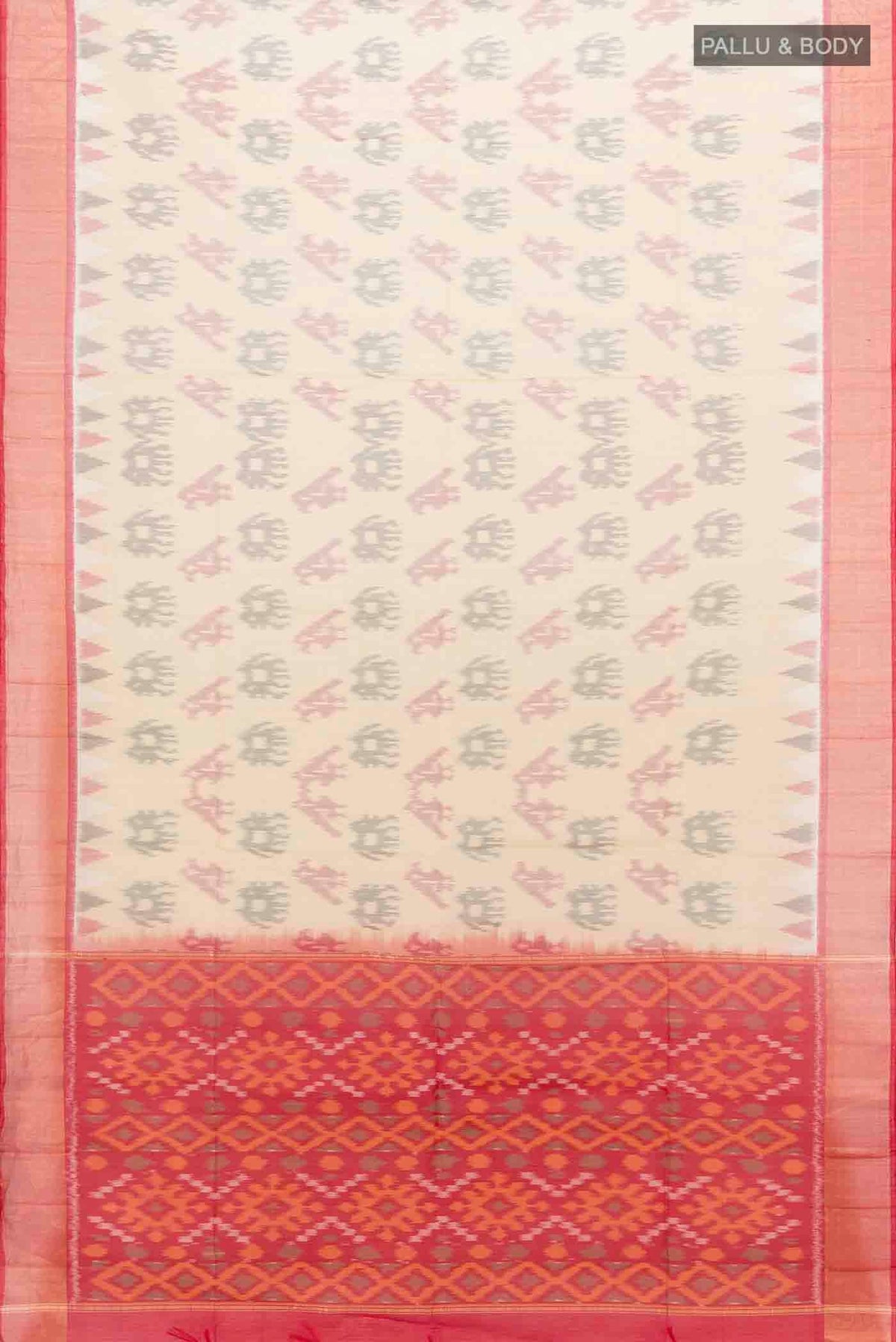 Flat view of Beige Kora Cotton Saree with Batik Print on the body and Silk Border