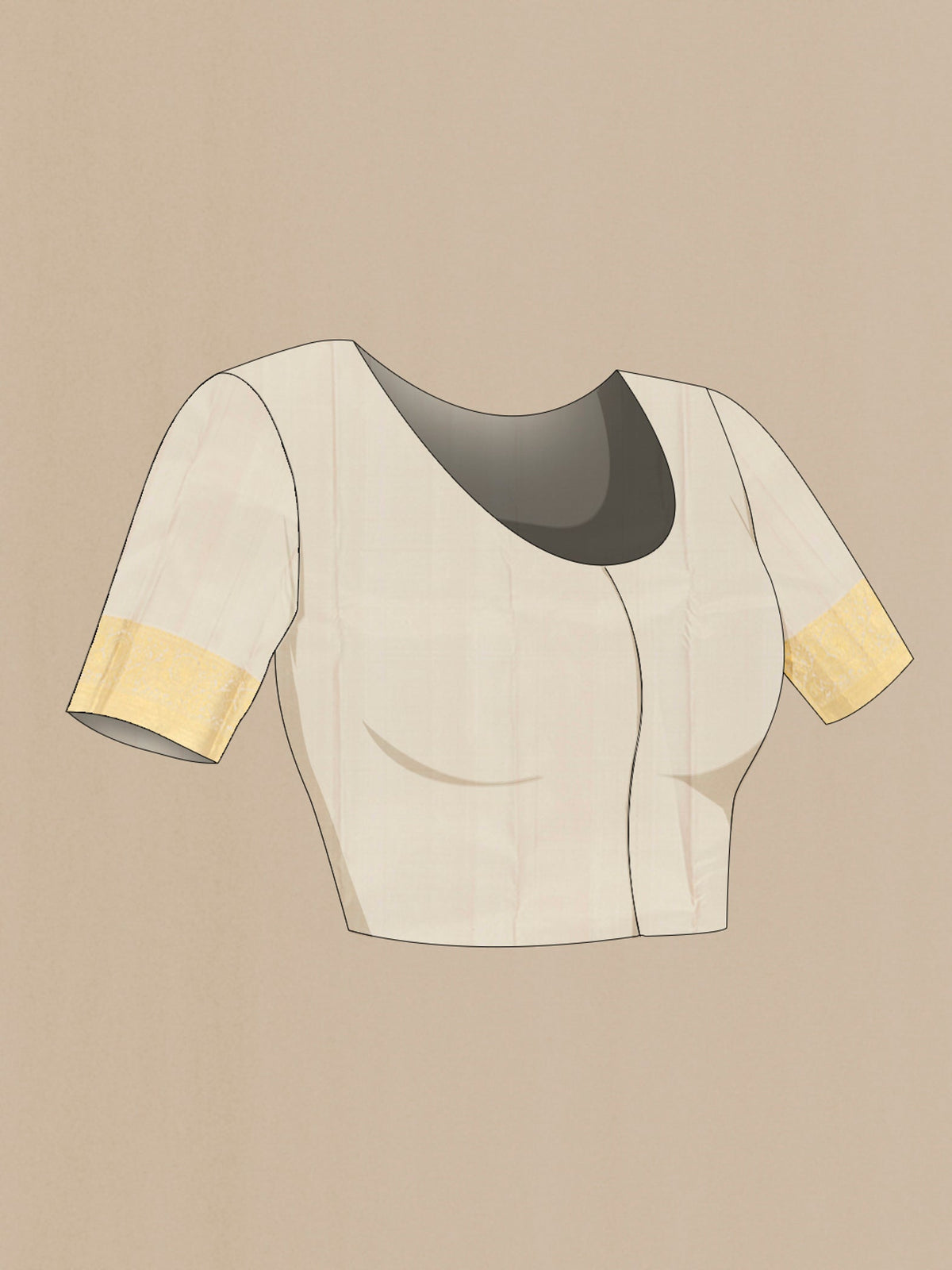 Close up image of the blouse of Beige Kanchipuram Silk Saree with Zari Butta on the body and Zari Border. 