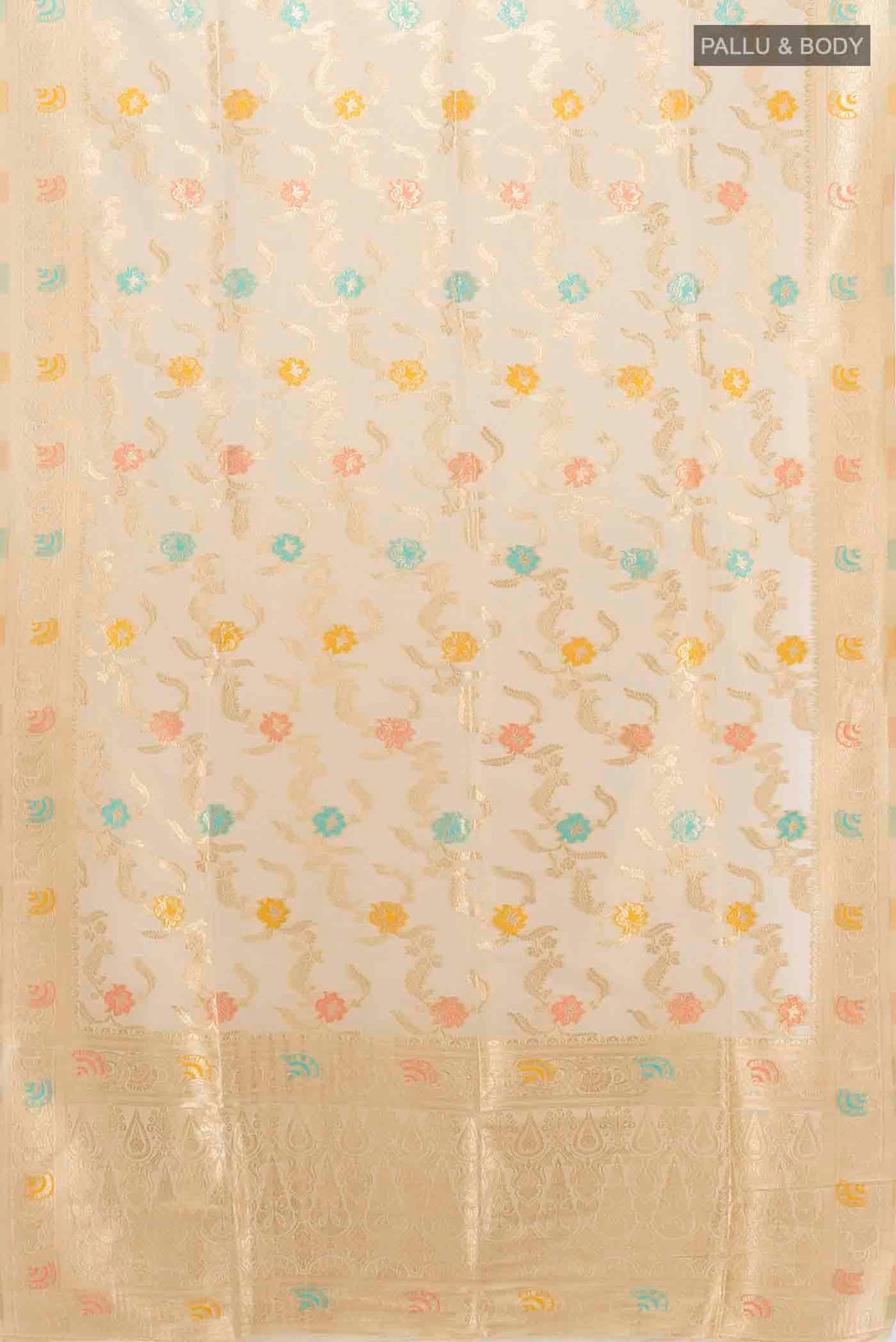 Flat view of Cream Art Silk Saree with Zari Butta on the body and Silk Border