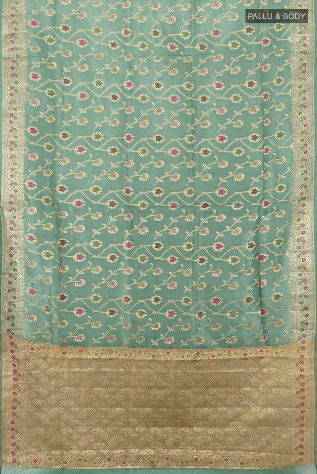 Flat view of Light Green Banarasi Raw Silk Saree with Zari Butta on the body and Silk Border. 