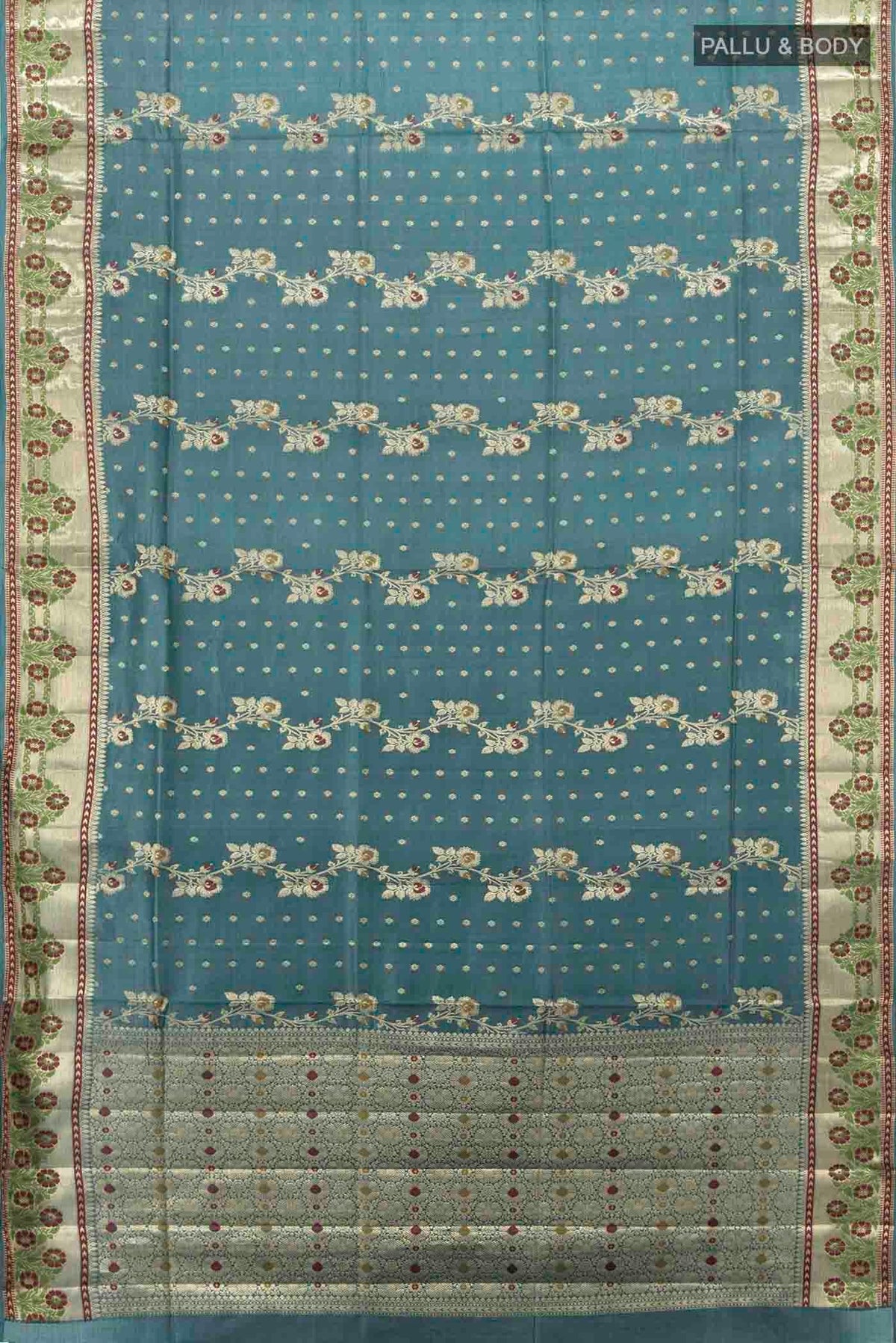 Flat view of Light Blue Banarasi Raw Silk Saree with Zari Butta on the body and Silk Border