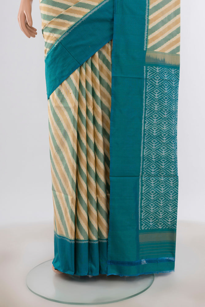 Pleats and pallu of Multi Color Pochampally Silk Saree with Pure Ikat on the body and Plain Border. 