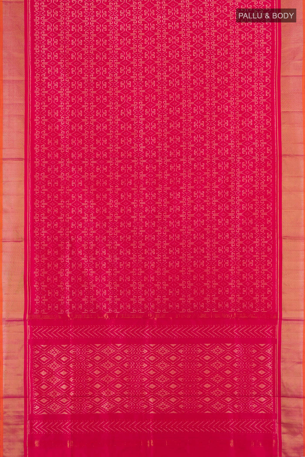 Flat view of Dark Pink Pochampally Silk Saree with Pure Ikat on the body and Zari Border. 