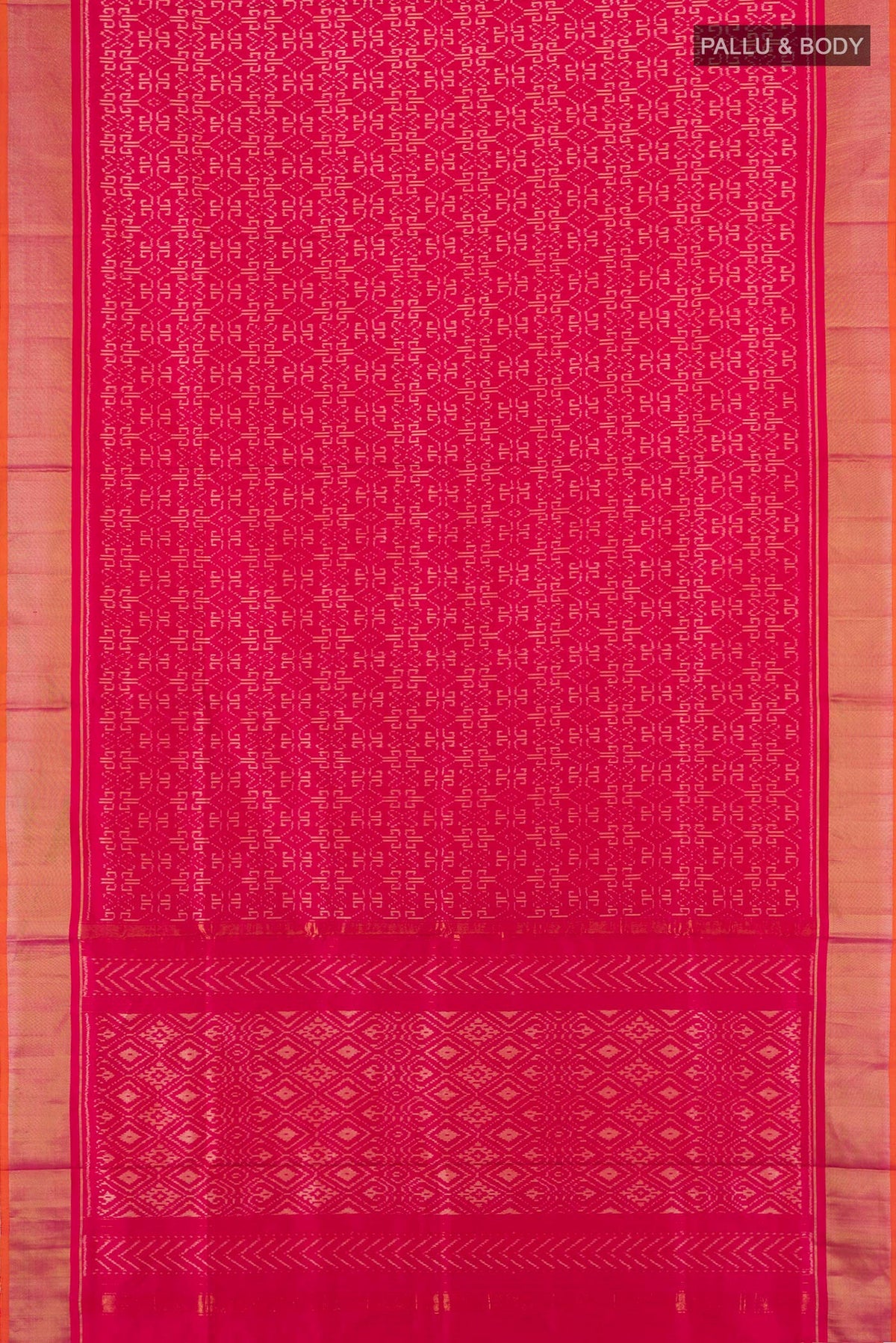 Flat view of Dark Pink Pochampally Silk Saree with Pure Ikat on the body and Zari Border. 
