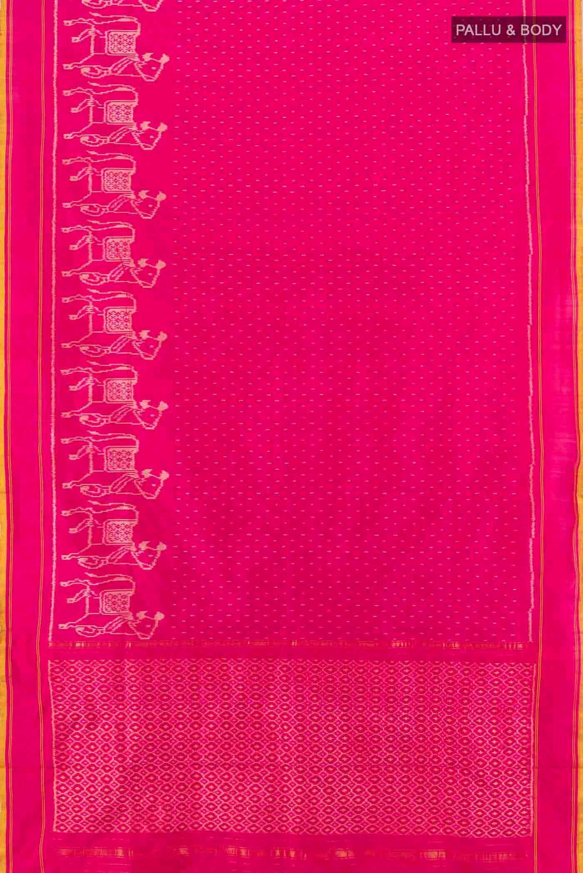 Flat view of Rani Pink Pochampally Saree with Ikat Print on the body and Silk Border. 