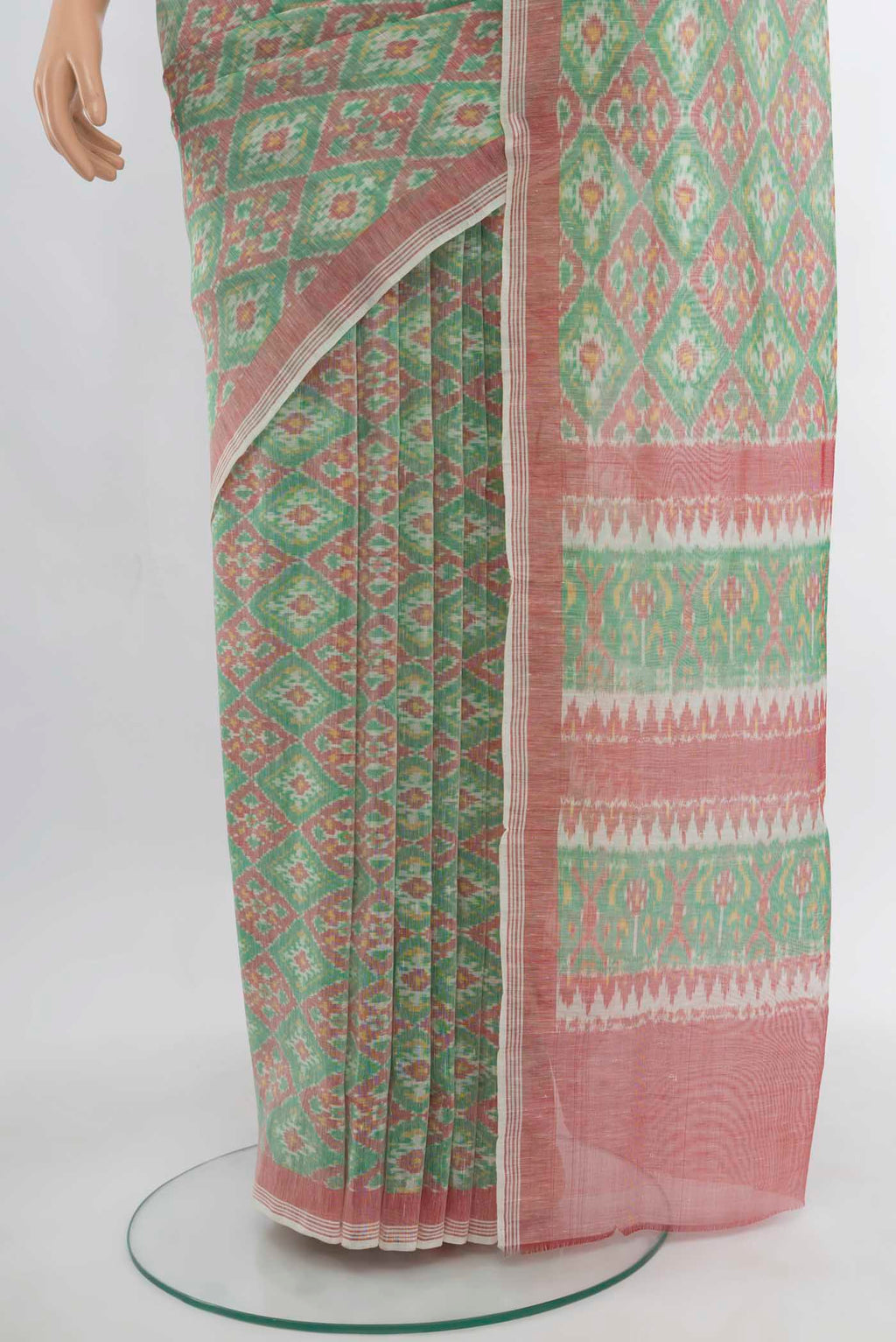 Pleats and pallu of Multi Color Pochampally Saree with Ikat Print on the body and Silk Border. 