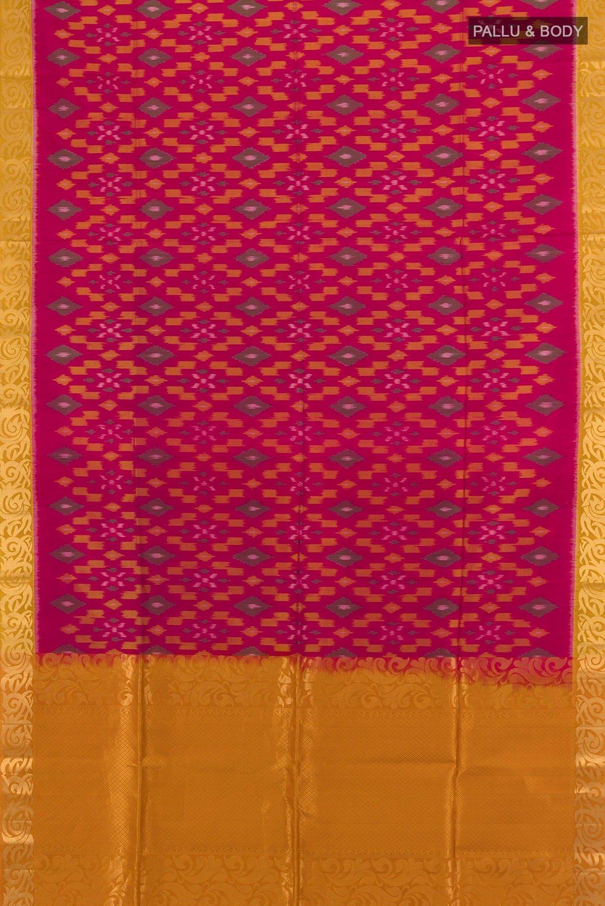 Flat view of Dark Pink Soft Silk Saree with Ikat Print on the body and Zari Border. 