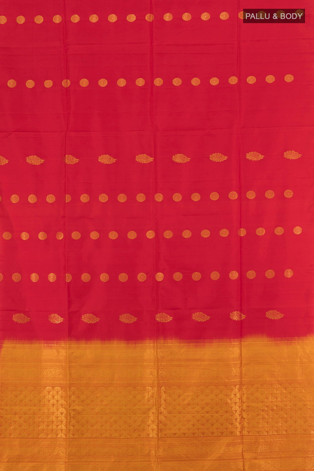 Flat view of Red Soft Silk Saree with Zari Butta on the body and Zari Border. 