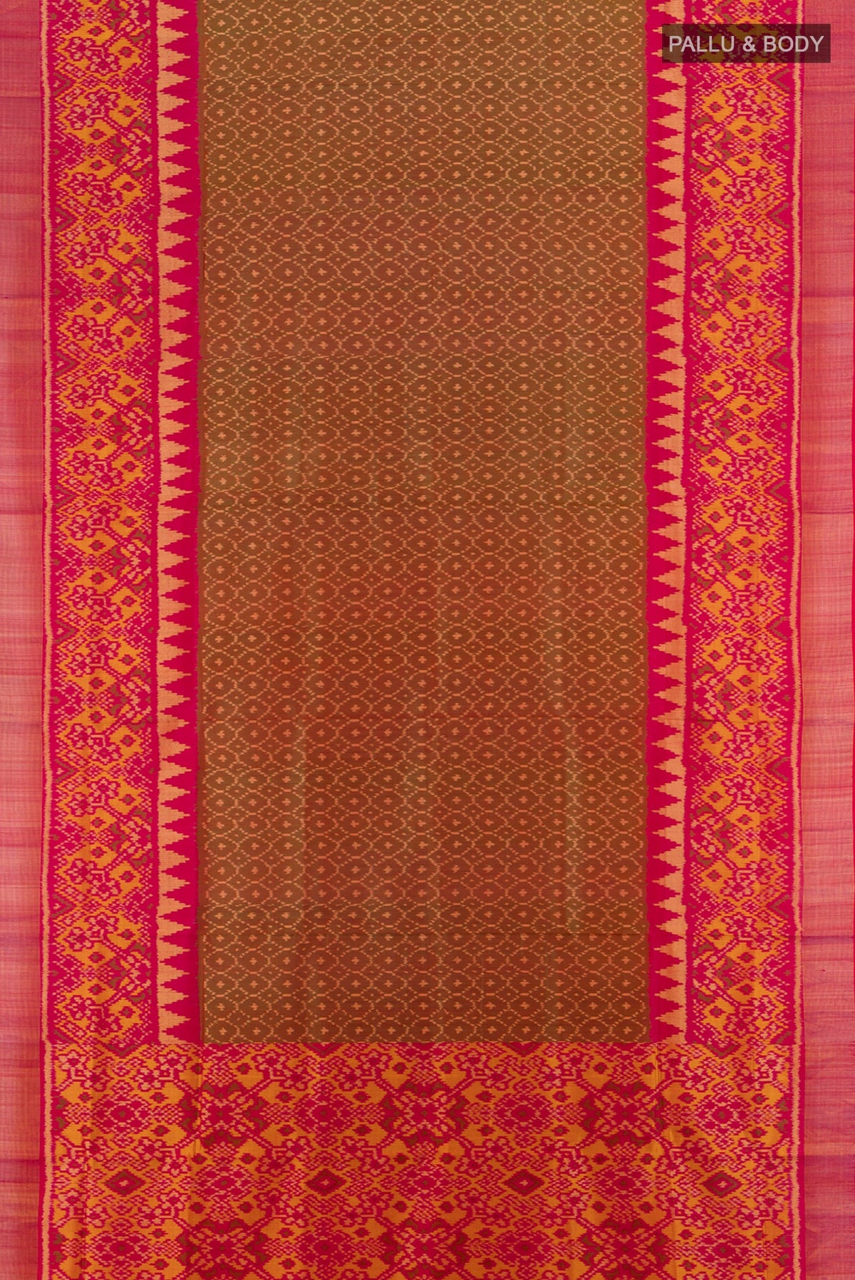 Flat view of Pure Silk Pure Zari Multi Color Rajkot Patola Saree with Ikat Print on the body and Silk Border. 