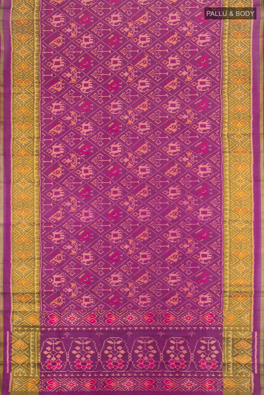 Flat view of Multi Color Rajkot Patola Silk Saree with Ikat Print on the body and Silk Border. 