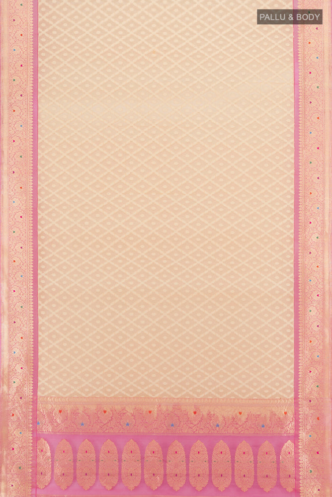 Flat view of Beige Banarasi Kora Silk Saree with Zari Butta on the body and Silk Border. 