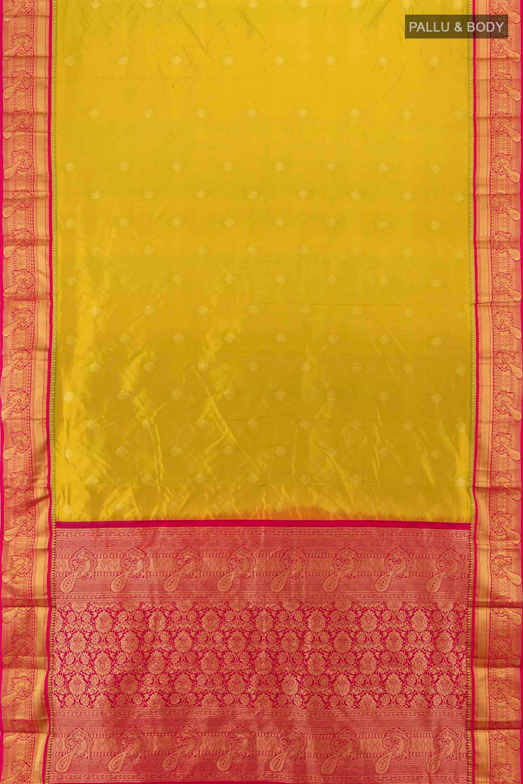 Flat view of Mehandi Green Bangalore Silk Saree with Zari Butta on the body and Silk Border. 