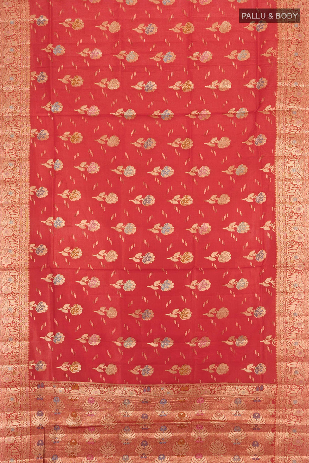 Flat view of Rust Banarasi Raw Silk Saree with Zari And Thread Butta on the body and Zari Border. 