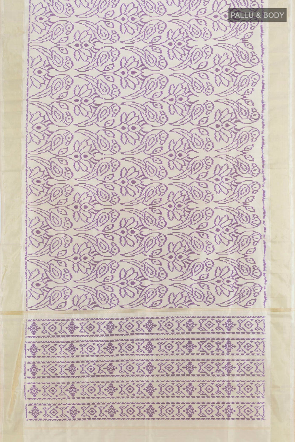 Flat view of Off White Pochampally Silk Saree with Pure Ikat on the body and Plain Border. 