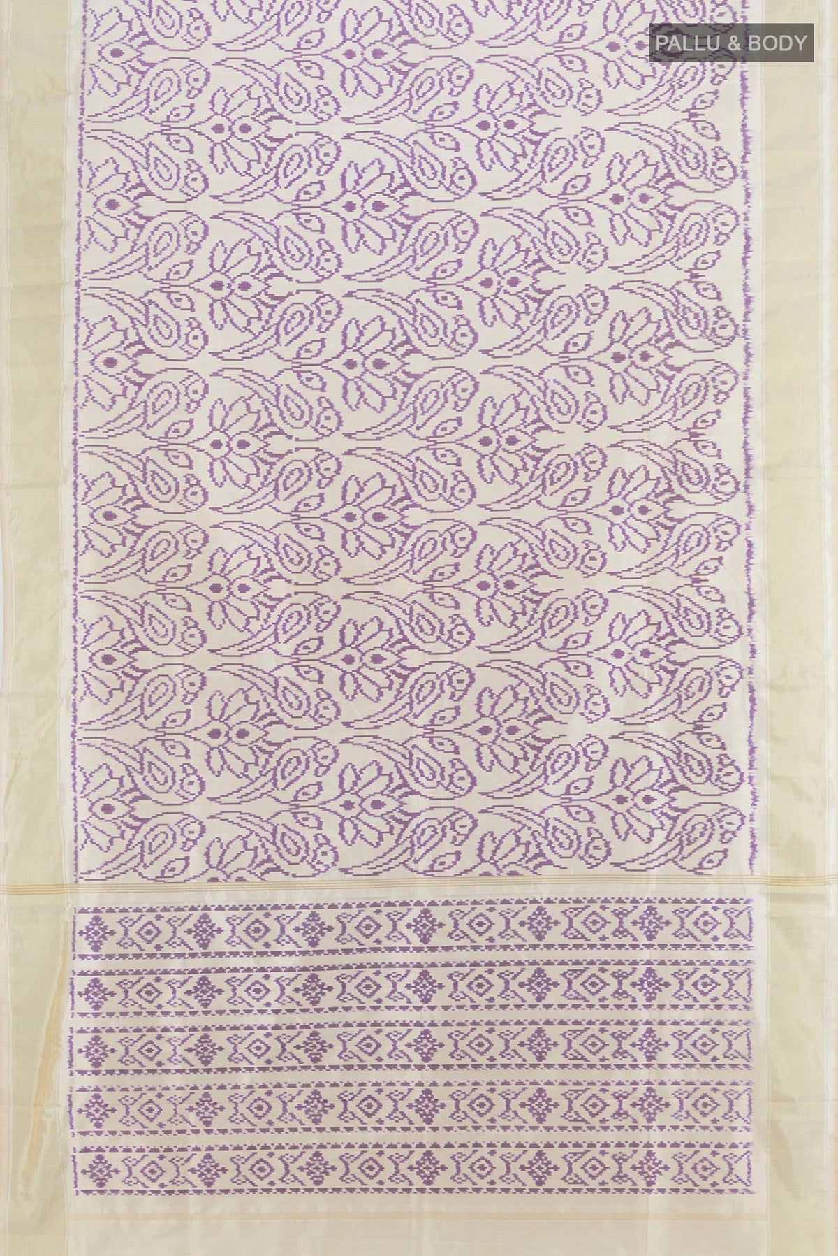 Flat view of Off White Pochampally Silk Saree with Pure Ikat on the body and Plain Border. 