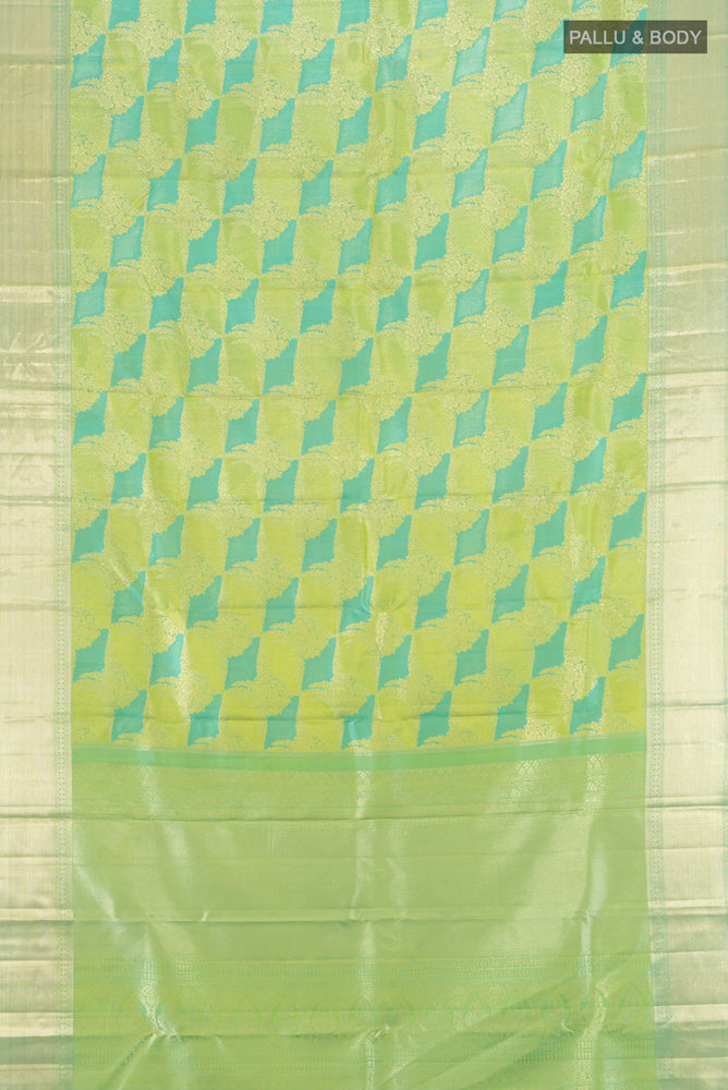 Flat view of Multi Color Kanjivaram Silk Saree with Zari Brocade on the body and Zari Border. 