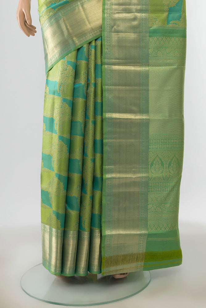 Pleats and pallu of Multi Color Kanjivaram Silk Saree with Zari Brocade on the body and Zari Border. 