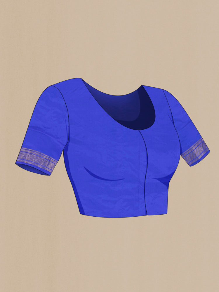 Close up image of the blouse of Royal Blue Paithani Silk Saree with Zari Butta on the body and Zari Border. 