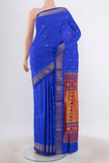 Royal Blue Paithani Silk Saree with Zari Butta on the body and Zari Border.  displayed on a mannequin